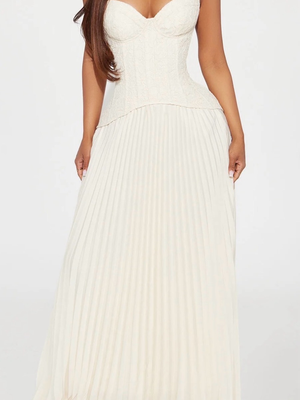 Women's Ivory Lace Bustier Pleated Maxi Dress